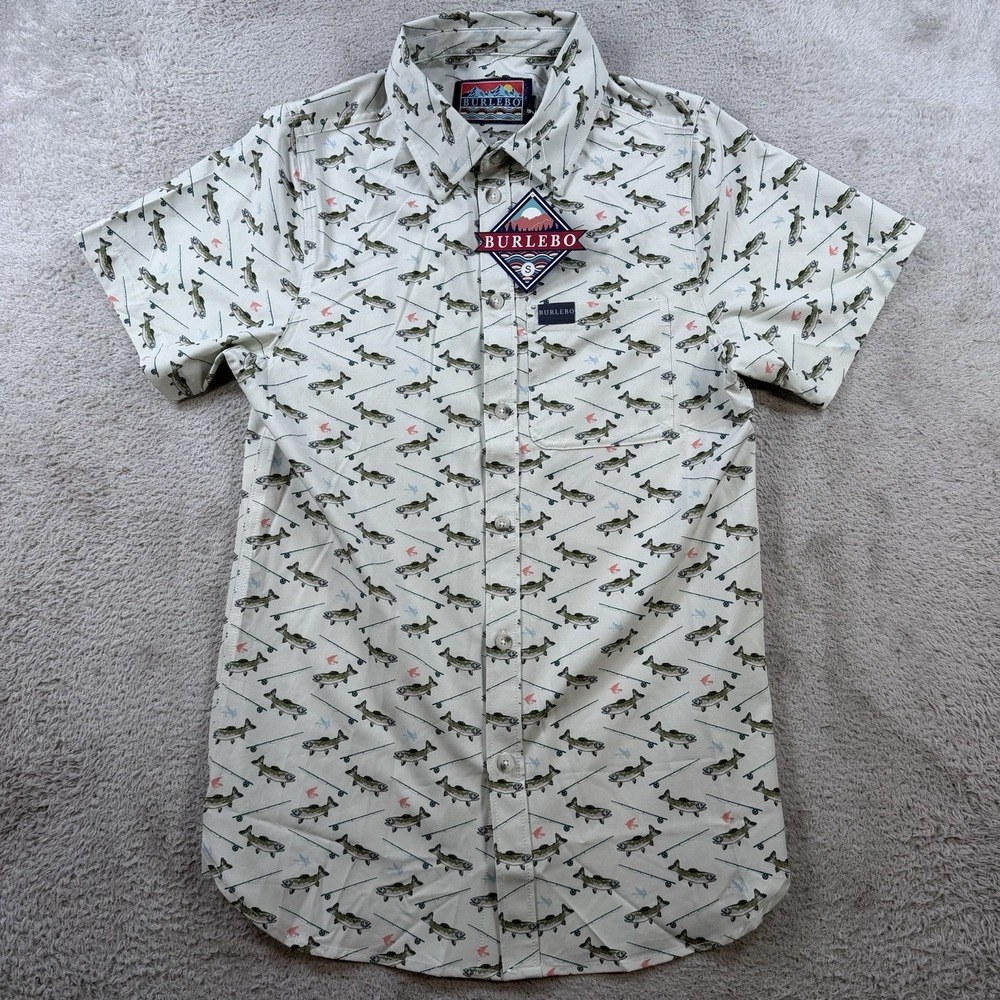 Burlebo Shirt Mens Small Beige Performance Stretch Button Up Fly Fish Trout